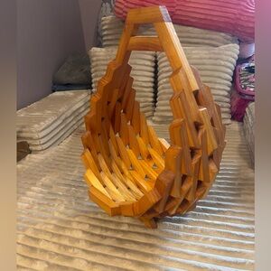 Vintage Handmade Geometric Wooden Block Basket with a Handle